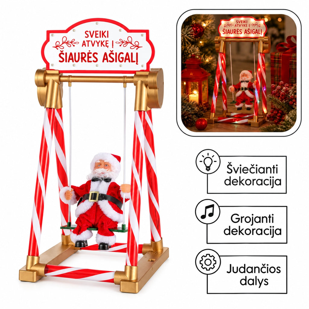 Kalėdų Senelis ant sūpynių su LED apšvietimu ir muzika, 49 cm
