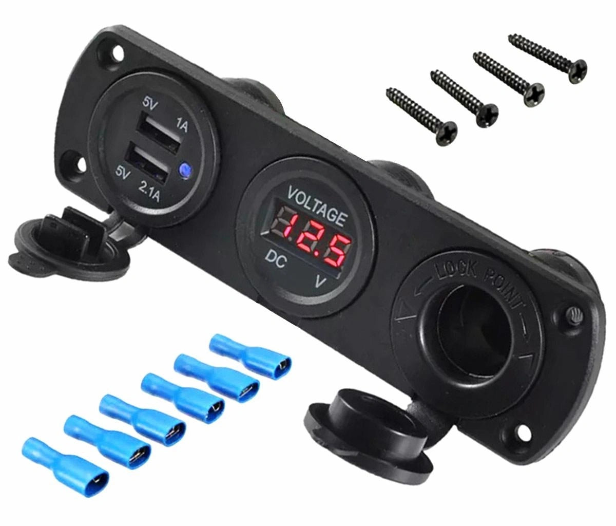 Montuojamas 12 V maitinimo lizdų skydelis su 2 USB jungtimis ir voltmetru