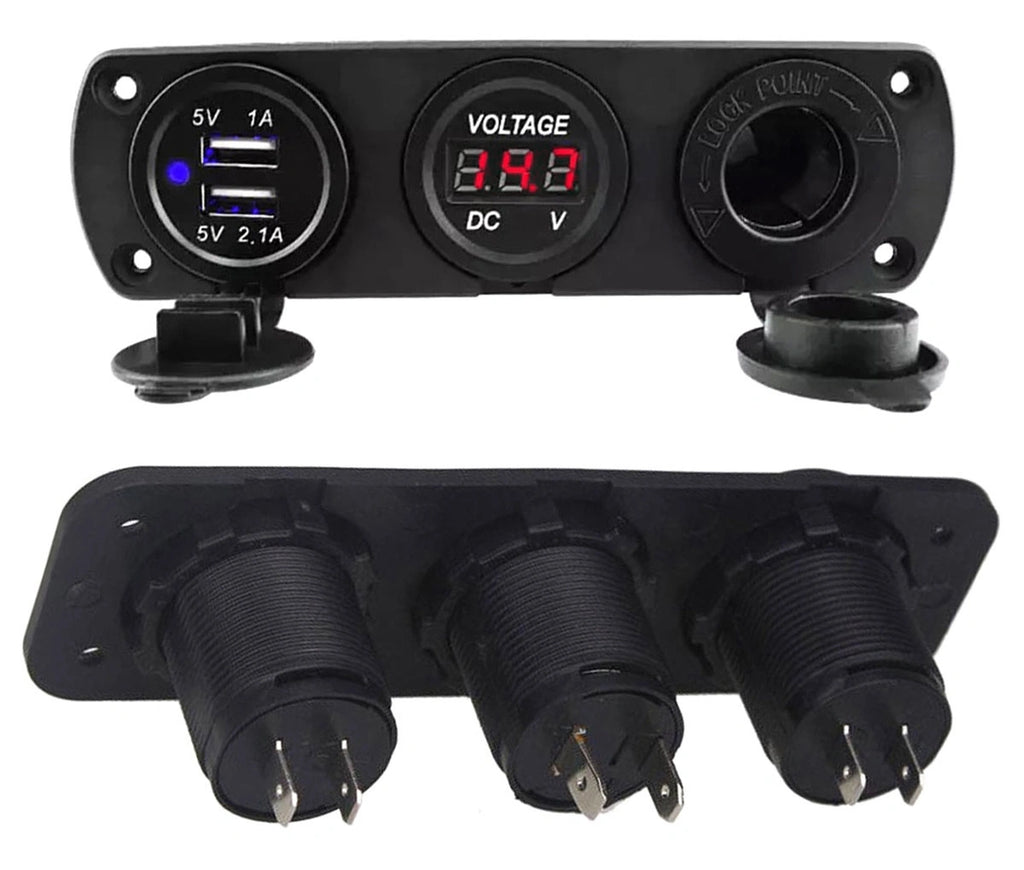 Montuojamas 12 V maitinimo lizdų skydelis su 2 USB jungtimis ir voltmetru