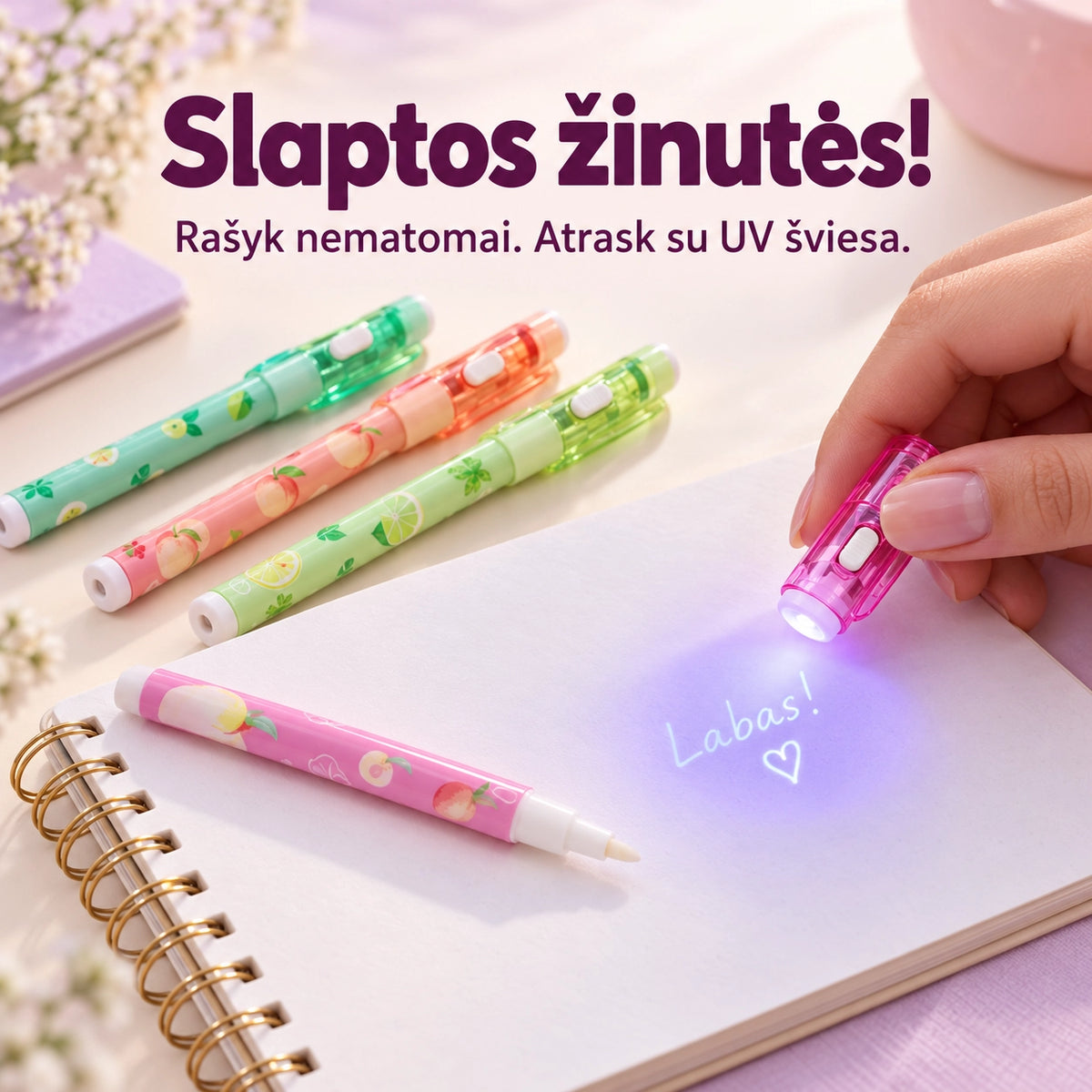 Nematomo rašalo rašiklis su UV lempute – slaptoms žinutėms